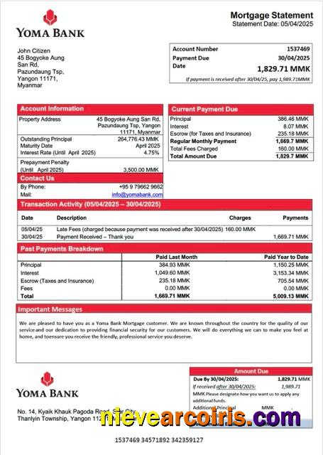 Myanmar Yoma Bank mortgage statement Word and PDF template